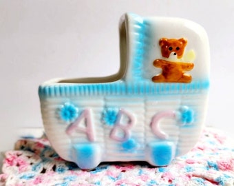 Ceramic Baby Carriage Planter, Baby Nursery Decor, Baby Shower Organizer Gift Idea, Baby Changing Table Storage, Baby Bear's & ABC's,