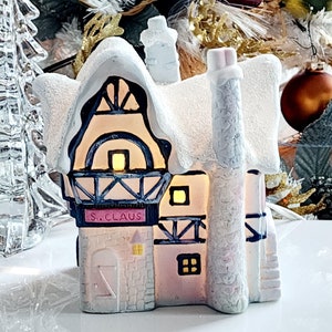 Vintage Regency International Pastel Santa Claus Village, Unique Two Story Pink Holiday, Light Up  Whimsical European House, Snowy Glittered