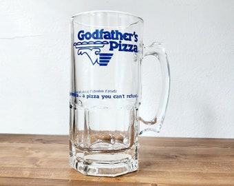 Godfathers Pizza Beer Stein, Clear Glass Beer Mug, Huge 32oz, Pizza Restaurant Collectible, Huge Heavy Mug