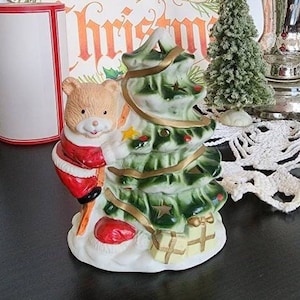 Vintage Christmas Santa Bear Votive Candle Holder, Cute Bear & Christmas Tree Candle, Tree Votive Holder, Holiday Tree
