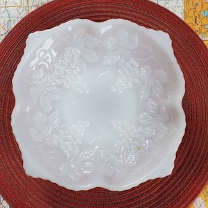 Vintage Milk Glass Platter, Anchor Hocking, Grape Design, Square Pedestal Dish Platter, White Milk Glass, Wedding Decor, Romantic Decor