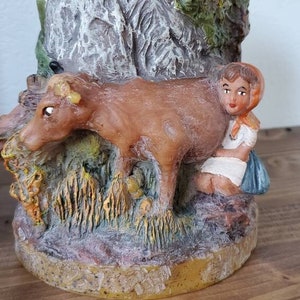 Vintage German Carved Wax Candle, Geschmacksmuster, Unique German Dimensional Wax Candle, Girl Milking Cow Candle, Removable Wick, Figural