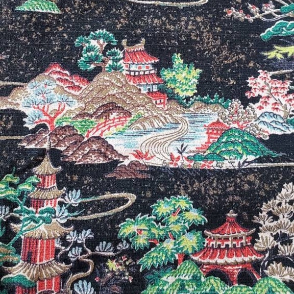 MCM Barkcloth Stunning & Unique Asian Themed Yardage, Barkcloth, One Yard, Oriental Asian Pagado Design, Rich Color Tones, Home Decor Fabric