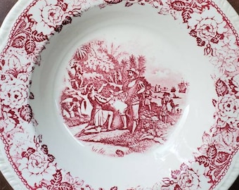 Antique Red Transferware Rimmed Soup Bowl, Ponce De Leon Discover Florida, Red Transferware, Homer Laughlin, Historical America, Red & White