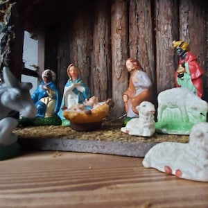 Nativity Christmas Set, 10 pcs Chalk Figures, MIJ, NOT Barn, Nativity Chalk Figurines, Mary Joseph Baby Jesus Wise Men Lambs & Donkey, JAPAN