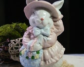 Vintage Porcelain Easter Bunny Candleholder, Two Pieces, Easter Cottage Bunny Tea Light Candle Holder
