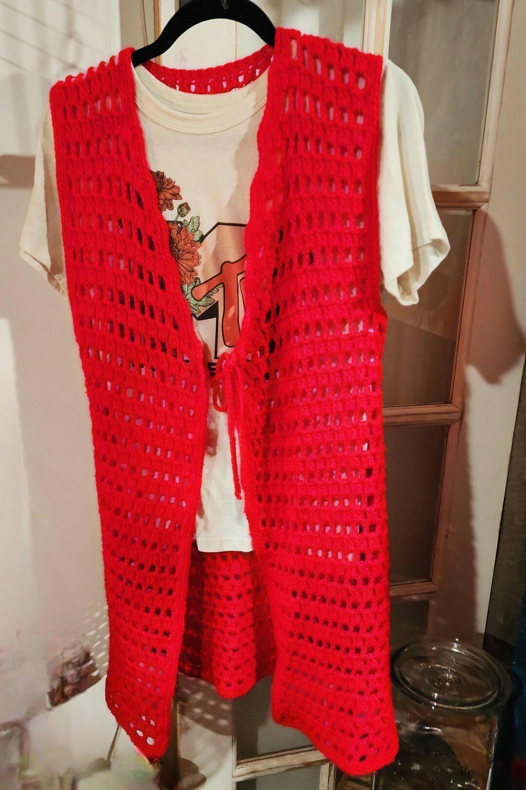 vintage 70's white crochet vest M L