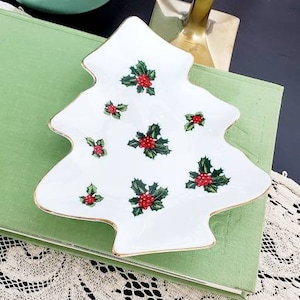 Christmas Candy Dish, Lefton Tree Shape Christmas Candy Dish, Hand Painted, Original Sticker,