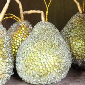 Vintage Tiny Faux Pear Fruit,  Beaded Green Hanging Pear Ornaments, Group of 4, Rustic Pear Fruit