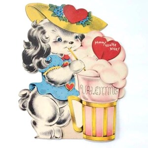 Biglietto di San Valentino vintage con cucciolo, in piedi, RARO biglietto da 2 pezzi, biglietto di auguri con doppio desiderio, biglietto di auguri con cucciolo di spaniel nero, da collezione di metà secolo