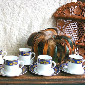 Vintage Demitasse Cups & Saucer 6 pc Set, NOS Orig Box, Fine Porcelain, Floral w/ Roman Key, Hollywood Chic, Art Deco Style, Espresso Cups