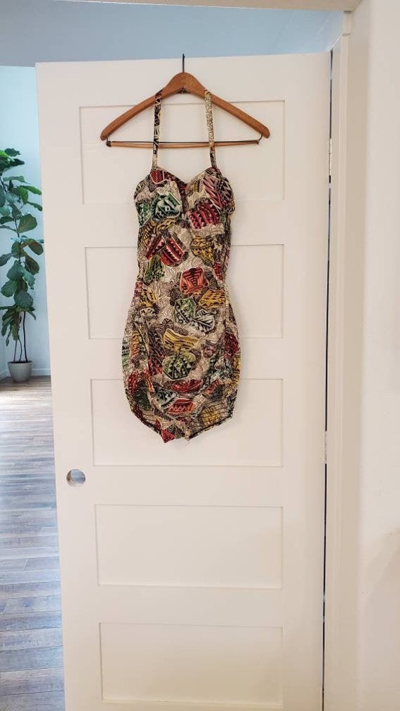 Vintage Mid Century Swimsuit, Tribal Pattern, Mute