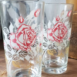 Vintage Swanky Swig Tallboy Glassware Set of 2, Red Rose Water Glasses, Drinkware Patio Glasses, Red & White Rose Design, Coastal Grandma