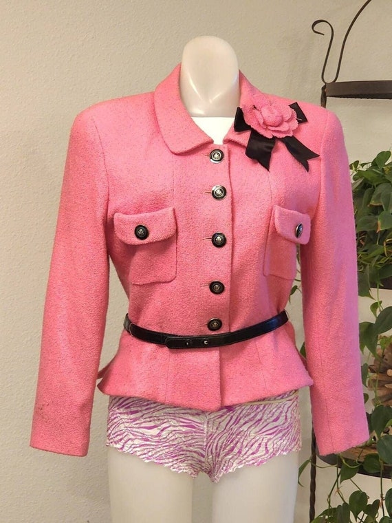 70s Chanel Style Pink Peplum Jacket Blk Patent Leather Chain