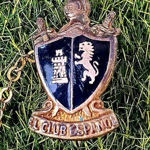 Vintage Tiny Brooch, El Club Espanol Brooch Pin, High School Spanish Club, Metal Enamel Shield Brooch, Chain Link Letter N, Gold Fill, Rare