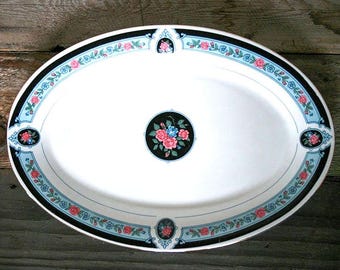Vintage Blue & Black Floral Oval Platter, Unusual Tienshan Oval 14&quot; Platter, Unique Blue Black Gold Trim, Pink Cottage Roses