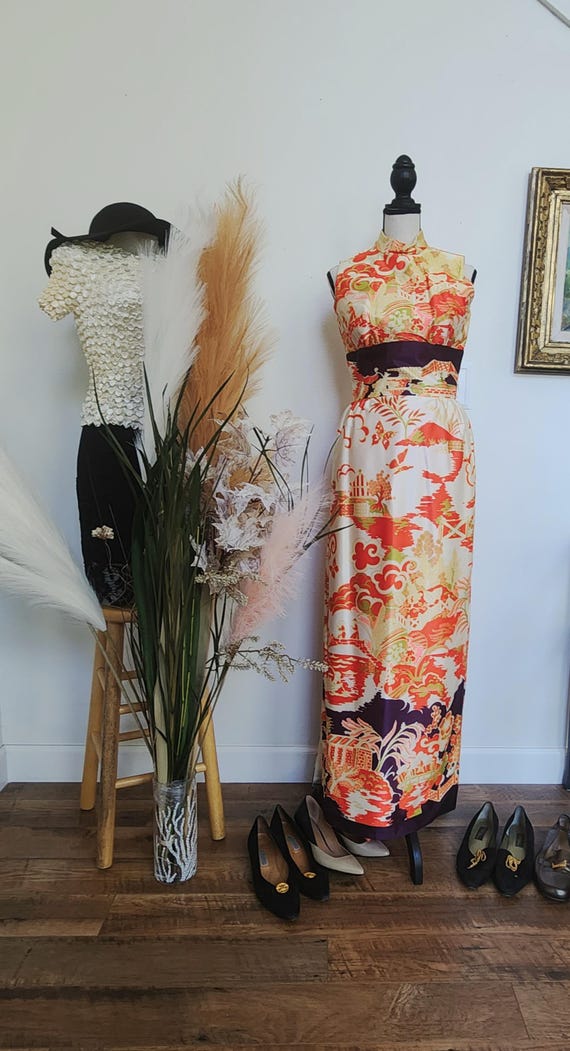 Vintage Mandarin Chic Long Dress W/ Pants, Cheongsam Style, Sleeveless Dress  & Pant Set, Qipao, Mod Asian American, Maxi Gown Size 11-12 - Etsy