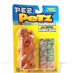 Vintage PEZ Petz Grinz The Monkey, Pez Bubble Gum Dispenser On Card, Animal Figure Monkey