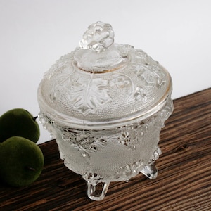 Vintage Embossed Glass Lidded Footed Bowl with Lid, Stash Jar, Footed Dish, Candy Dish, Stippled Glass, Lidded Glass Jar, Embossed Glass