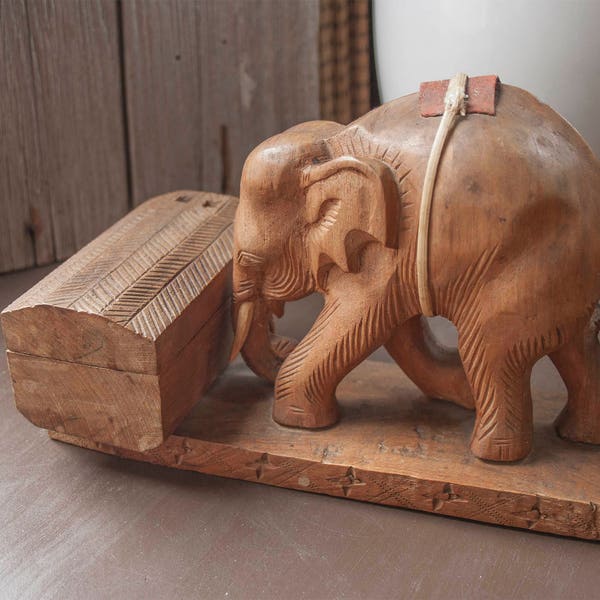 Vintage, Elephant Bookend, Handcarved, Wood, Teak Like, Treasure Box, Rustic, Boho Decor,