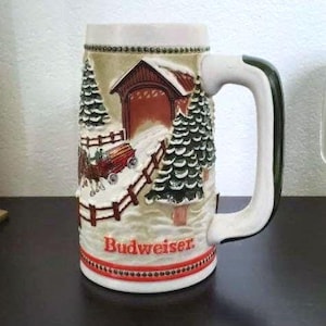 Vintage Stein, Budweiser Beer Mug, Budweiser Stein, Ceramarte, Clydesdale Hitch, Covered Bridge Snowy Day, Father&#39;s Day, Man Cave Core