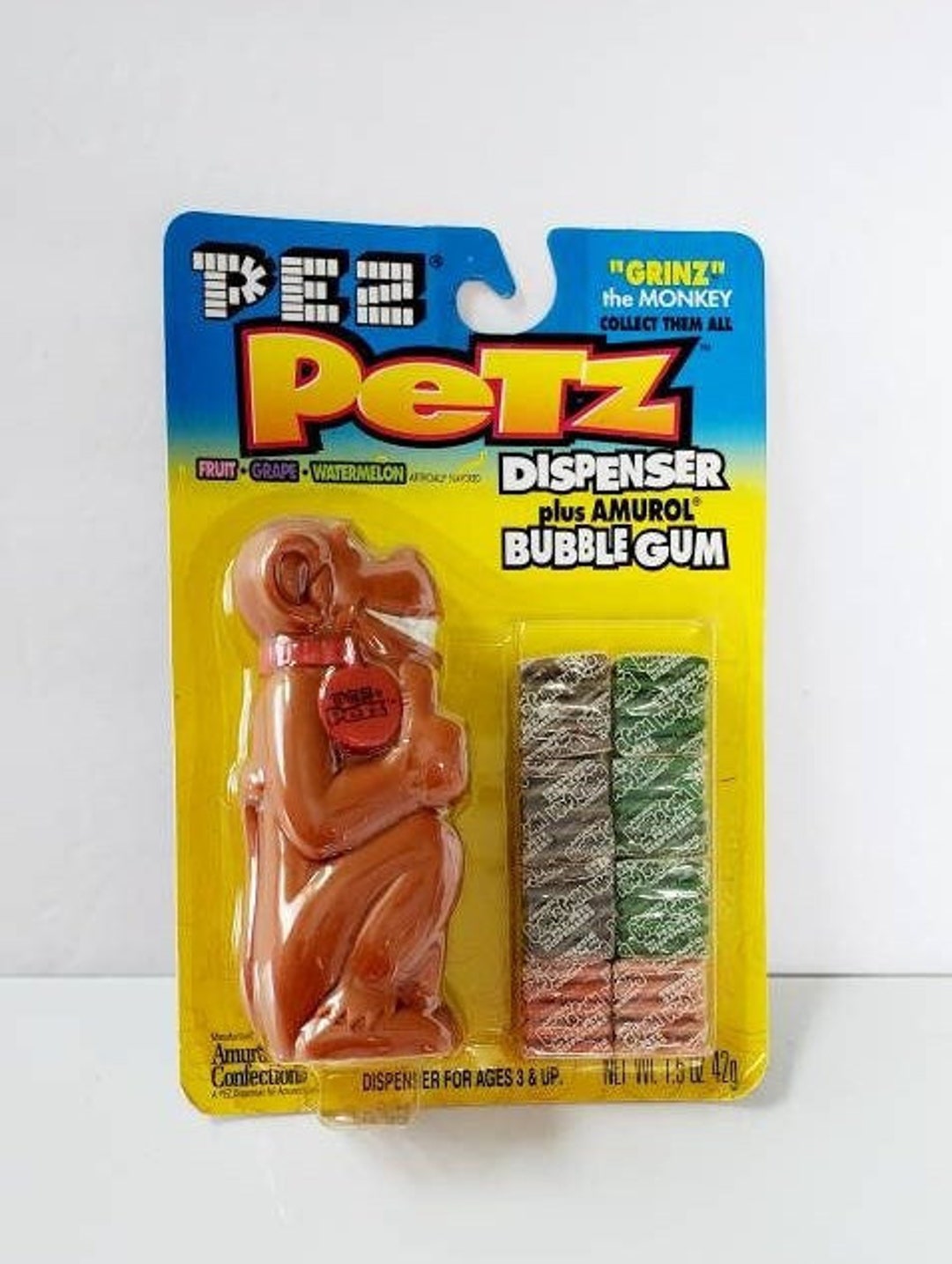 Pez Petz Grinz the Monkey, Pez Bubble Gum Dispenser on Card, Animal