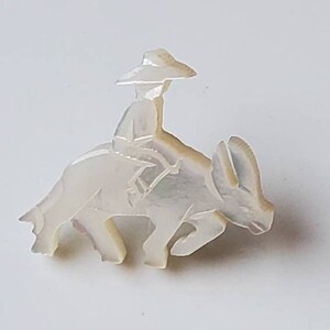 Mother of Pearl Pin, Mid Century Jewelry, Asian Farmer Riding Ox / Donkey, Lapel Pin Asian Farming Culture, Antique Mother of Pearl