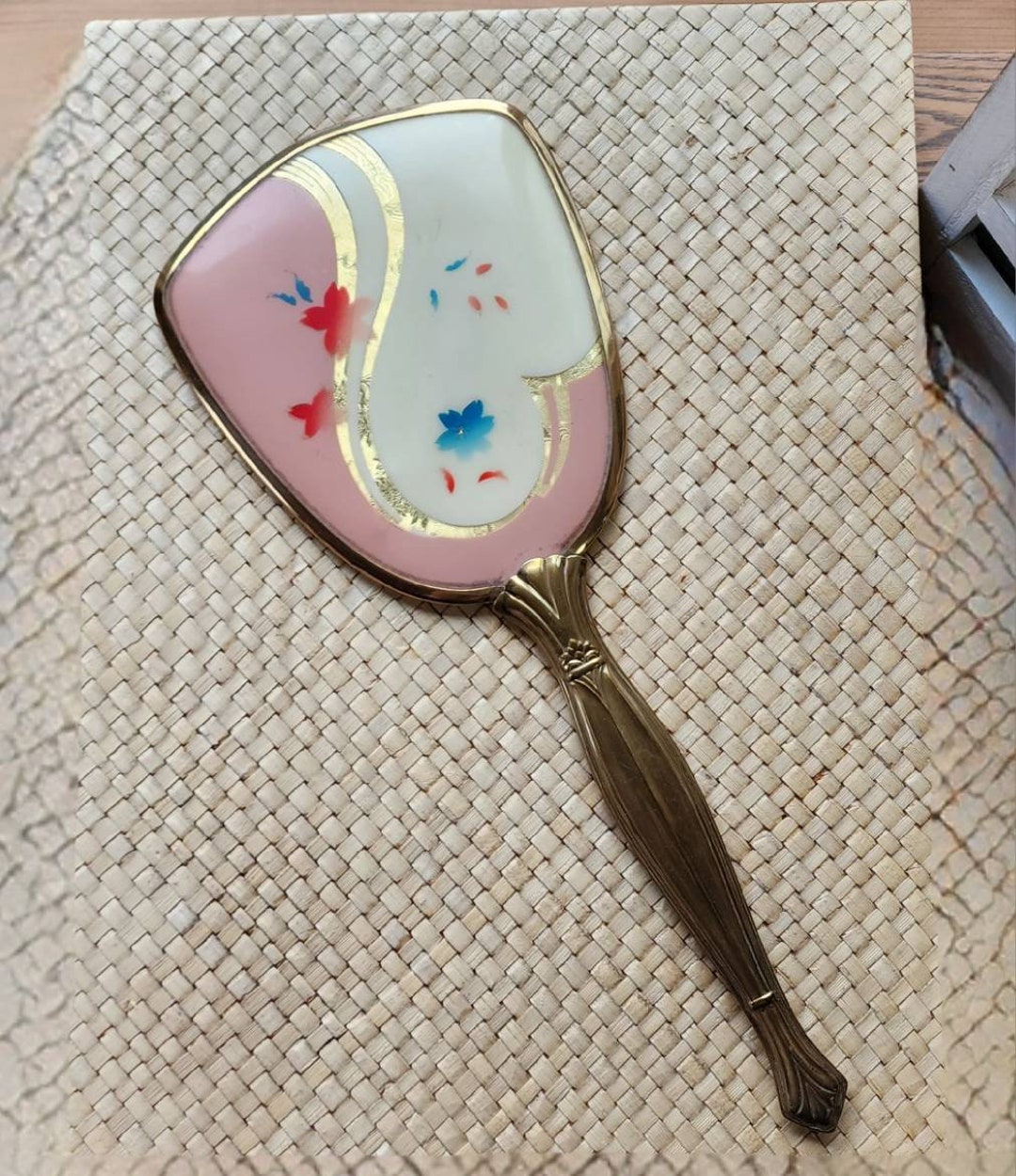 Art Deco Hand Mirror Vintage Hand Held Vanity Mirror Pink Etsy
