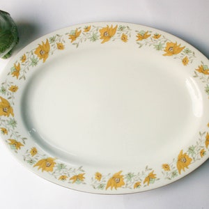 Vintage Oval Serving Platter, Made in China, Yellow Flowers, Gold Rimmed, Fine Bone China