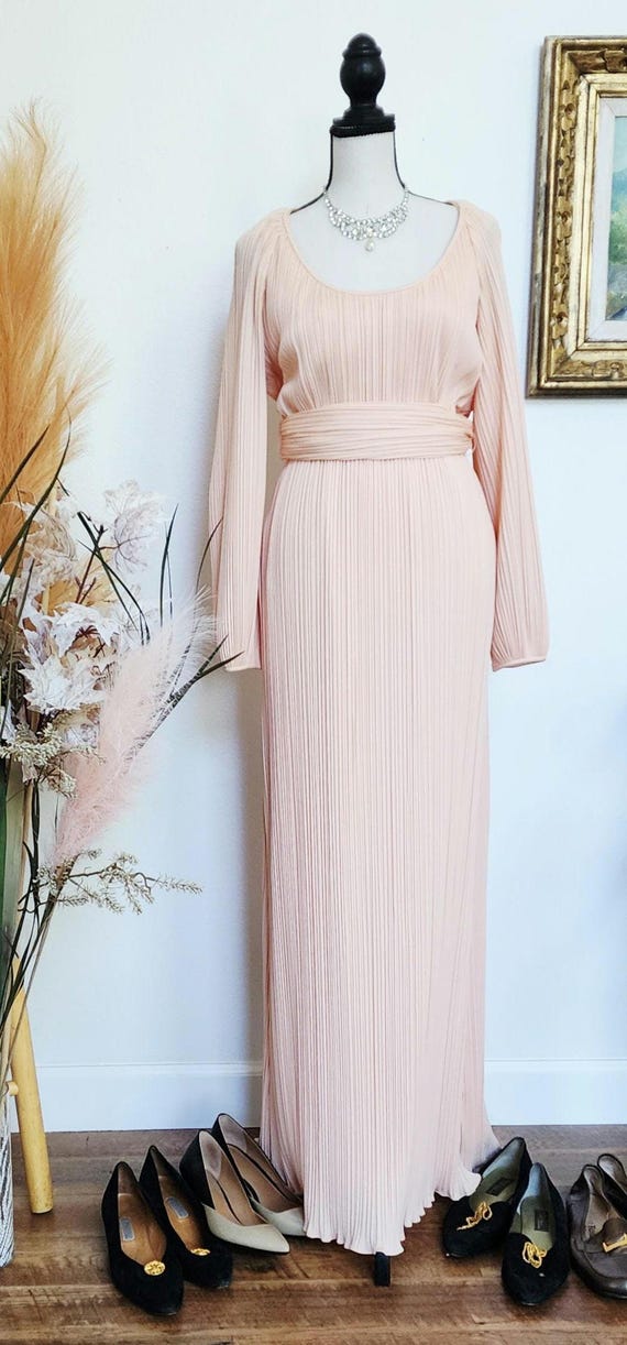 Vintage Mid Century Ooak Pleated Maxi Gown, Greecian Style, Blush Peach,