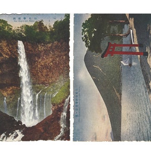 Giappone antiche cartoline giapponesi, cascata del Giappone, coppia di due bellissime cartoline bordo smerlato antico diviso, souvenir di viaggio turistico,
