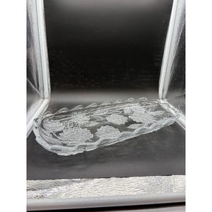 May include: A clear glass rectangular serving tray featuring a scalloped edge and an embossed floral pattern. The surface displays detailed frosted glass flowers and leaves arranged across the center, with a smooth, transparent border.
