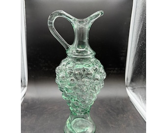Vintage Green Glass Grape Cluster Decanter Pitcher Carafe Mid Century Decor 11"