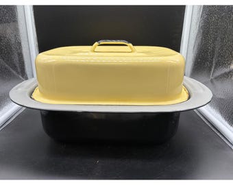 Vintage Enamelware Roaster Pan 2 Piece Set Yellow Grey Black Nesting Cookware