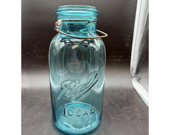 Vintage Ball Ideal Blue Glass Mason Jar Wire Bail Aqua 2 Embossed Logo Farmhouse