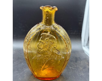 Vintage Amber Glass Jefferson Davis and Robert E Lee Historical Flask Bottle