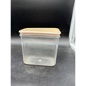 Vntg Clear Plastic Kitchen Canister Tan Lid Rectangular Storage Made Hong Kong