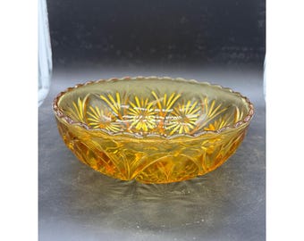 Vintage Amber Glass Bowl Sunburst Daisy Pattern Scalloped Edge Mid Century Decor