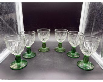 Vintage Pressed Glass Juice Cordial Glasses Green Stem Beaded Swag Set of 6