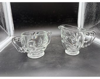 Vintage Clear Pressed Glass Creamer and Sugar Bowl Set Embossed Leaf Pattern