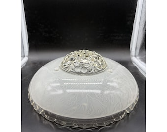 Vintage Frosted Glass Ceiling Light Shade Floral Scalloped Pie Crust Rim 10.25"