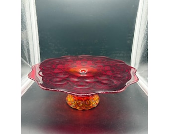 LE Smith Amberina Moon and Stars Red Glass Cake Stand Pedestal 10.5 inch