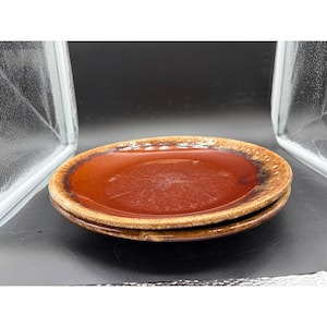 Hull Pottery Mirror Brown Drip Glaze Dinner Plates Set of 2 Oven Proof Vintage