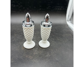 Vintage Milk Glass Salt and Pepper Shakers Hobnail Pedestal Chrome Lids Set of 2