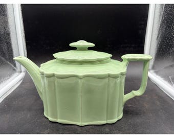 Vintage Hall China Green Fluted Teapot with Lid Art Deco Style Made in USA