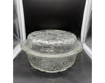 Vintage Clear Pressed Glass Fruit Embossed Round Casserole Serving Dish with Lid