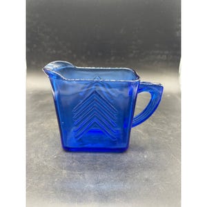 Vintage Cobalt Blue Glass Creamer Art Deco Chevron Pattern Rectangular Pitcher