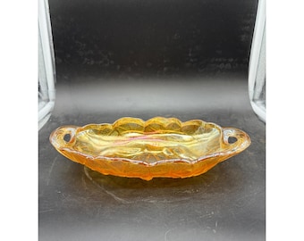 Vintage Marigold Carnival Glass Sunflower Relish Dish Iridescent Amber Bowl