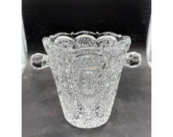 Vintage Cut Crystal Ice Bucket Pinwheel Starburst Scalloped Rim Glass Handles