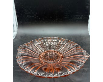 Vintage Pink Depression Glass Ribbed Scalloped Edge Bowl Starburst Center Rose